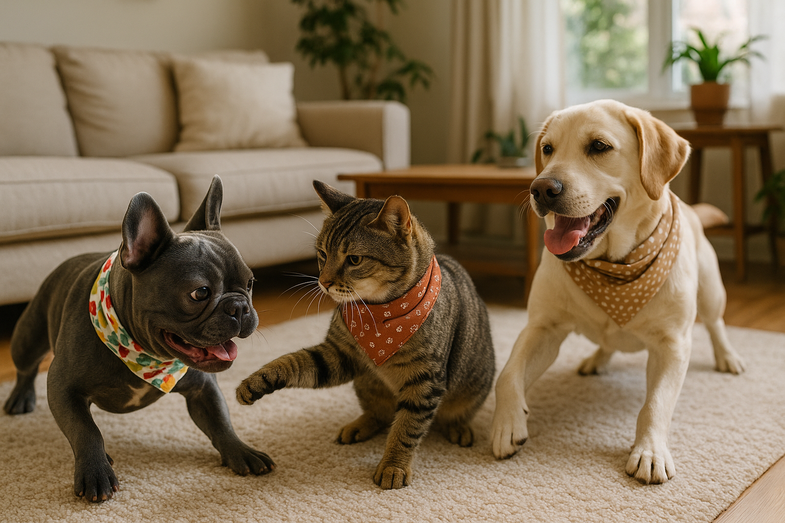 a realistic photo of blue french bulldog, a cat and a labrador playing in the living room all wearing bandana.