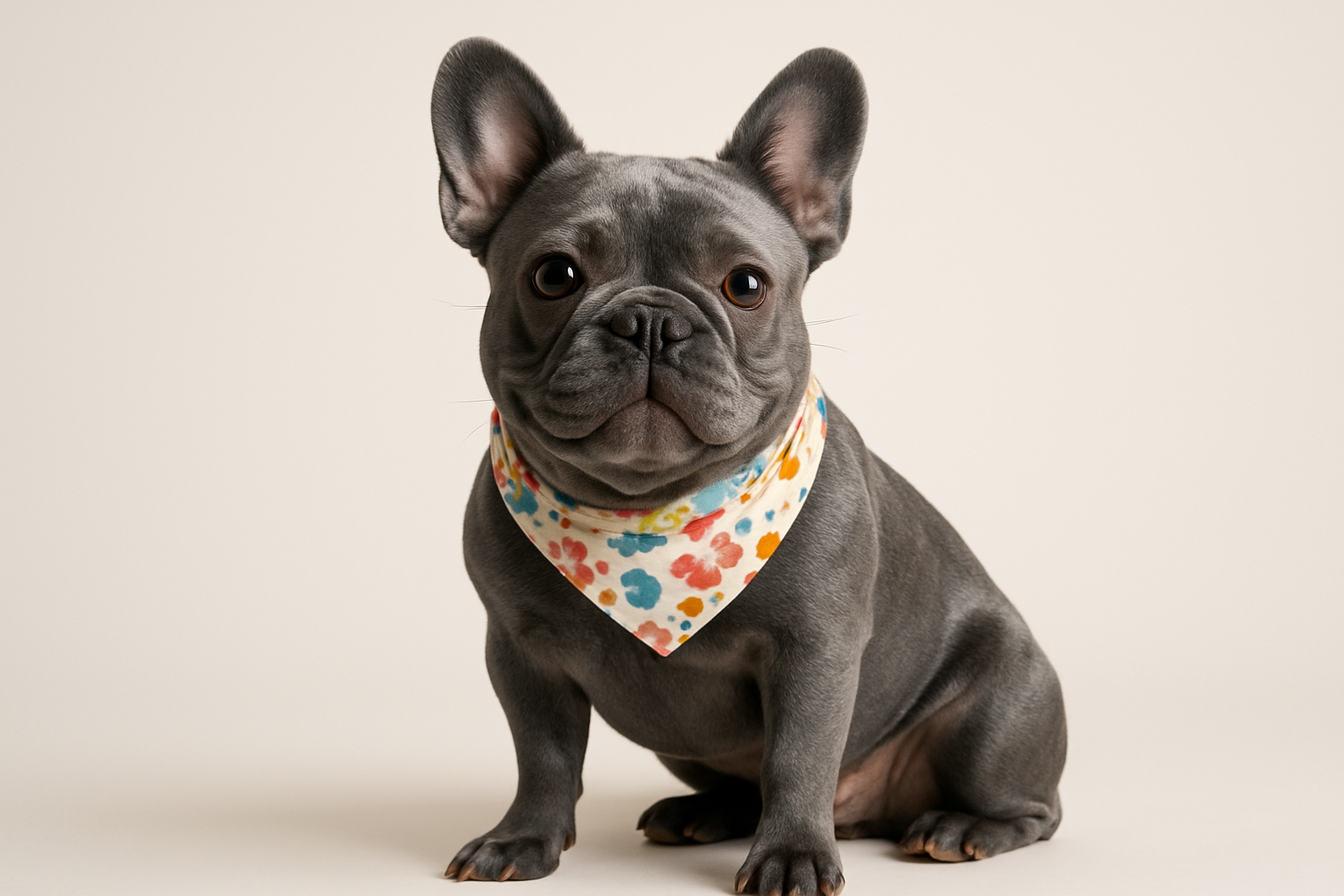 blue french bulldog with a bandana